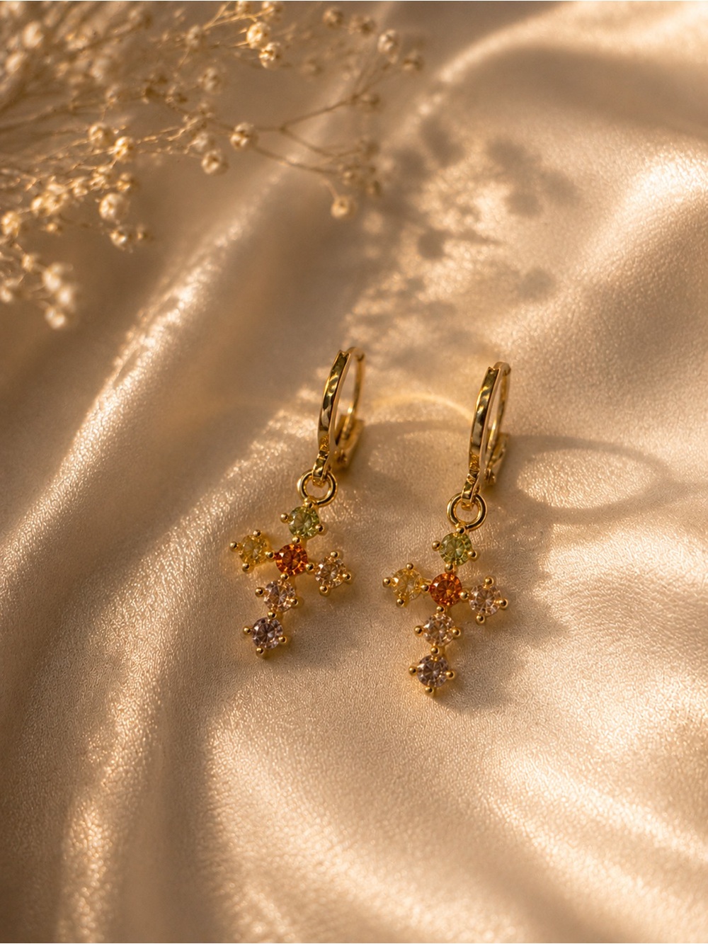 Gold Multicolor Cross Dangle Hoop Earrings - Women Jewelry